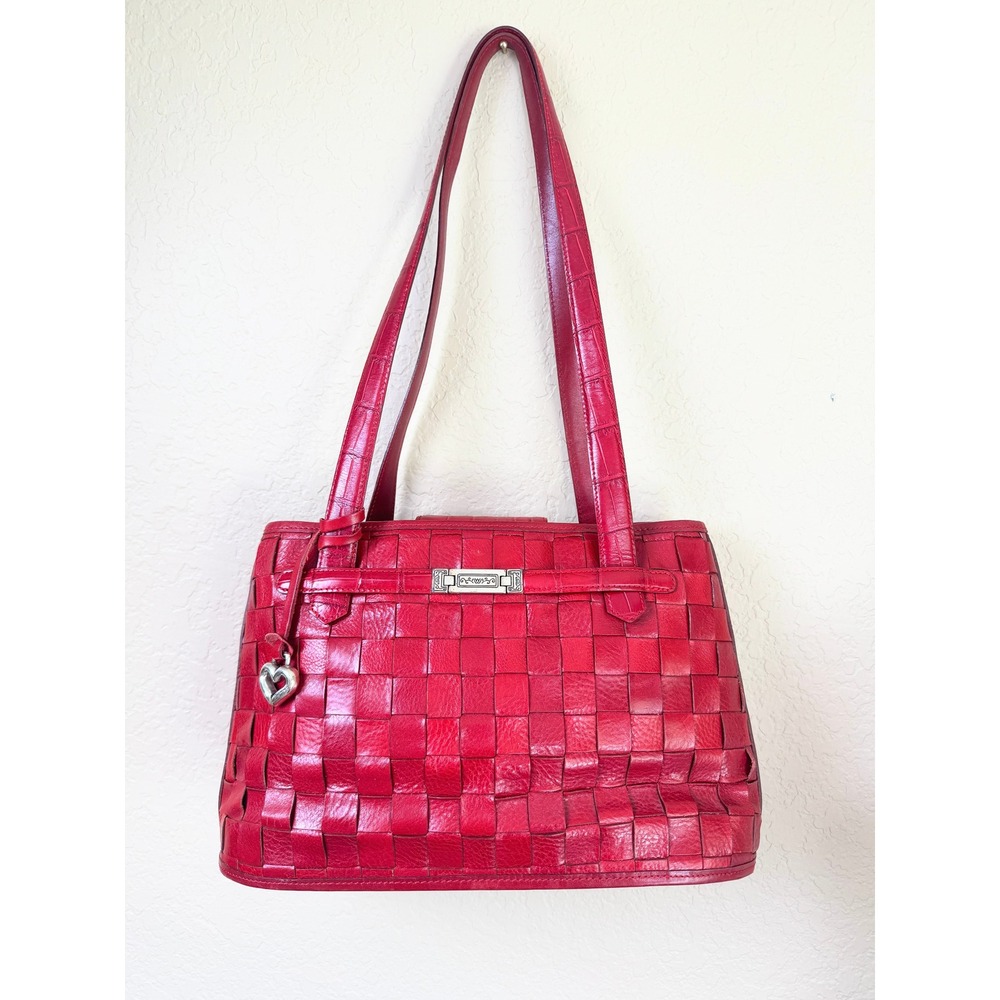 Vintage Brighton Red Woven Leather Shoulder Bag Croc Embossed Heart Charm Purse